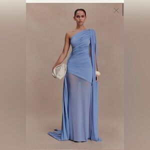 Meshki One-Shoulder Mist Blue Draped Evening Gown